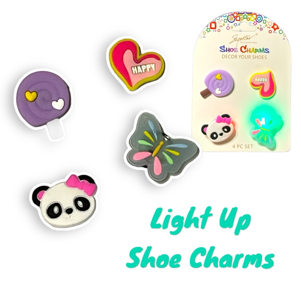 Light Up Shoe Croc Charms Set of 4 Heart, Lollipop, Butterfly & Panda